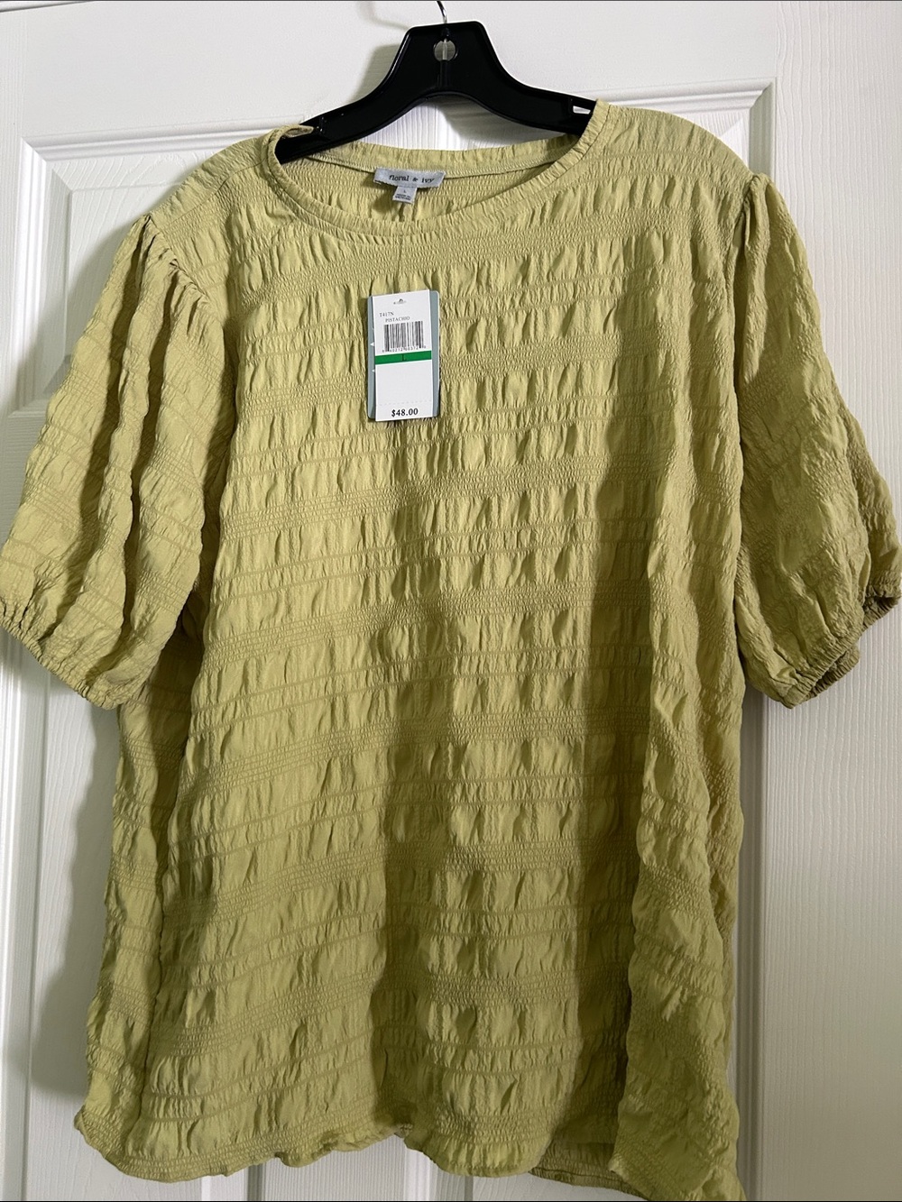Textured Puff-Sleeve Blouse in Light Olive by EILEEN FISHER